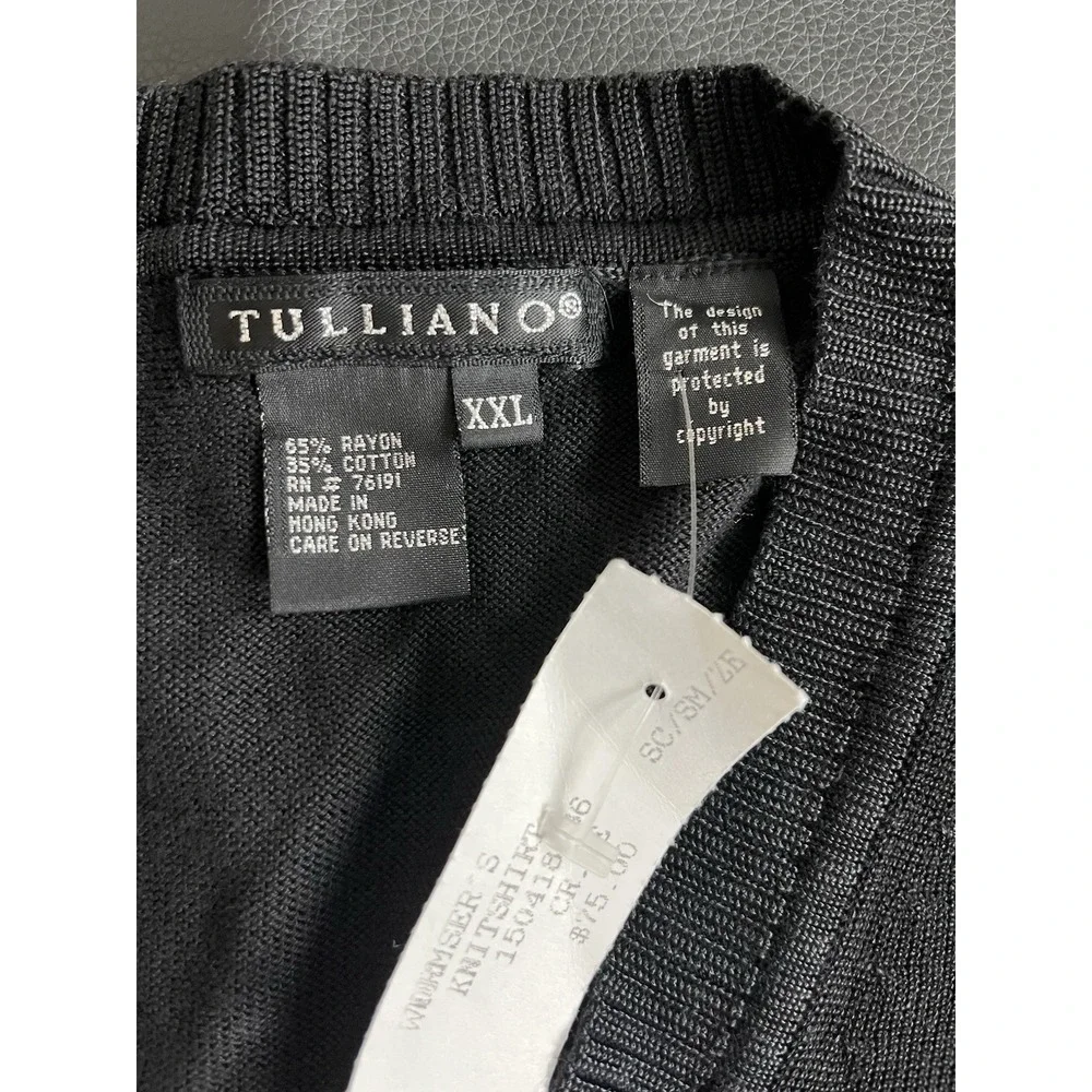 Vintage 90s Tulliano Men's XXL V-Neck Sweater Black Argyle Texture Old Money NWT